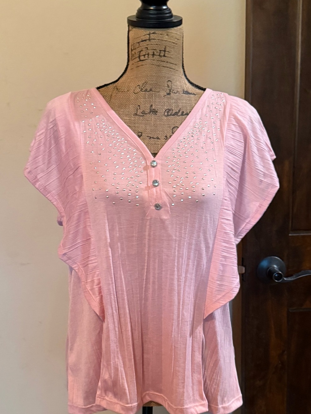 Pink Rhinestone V-Neck Flutter Sleeve Top